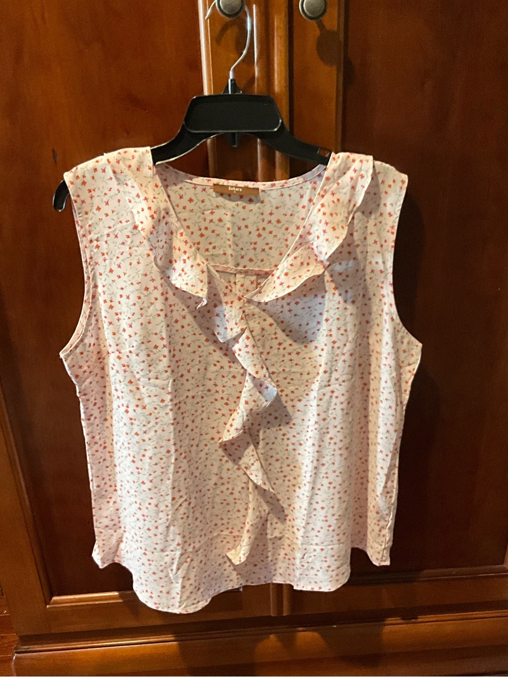 Gaharu Sleeveless Pink Ruffle Front Floral Blouse Size Xlarge